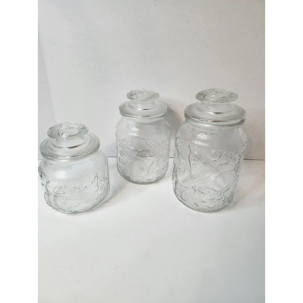 Vintage Libbey Glass Orchard Fruit Embossed Clear Glass Canisters Set of 3